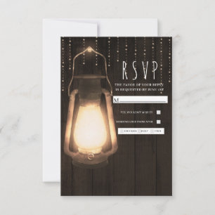 Rustic Lantern & Lights Brown Wood Wedding RSVP Card