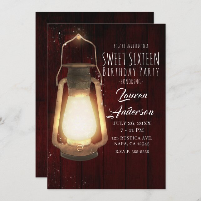 Rustic Lantern Lights Cherry Wood Sweet 16 Party Invitation (Front/Back)
