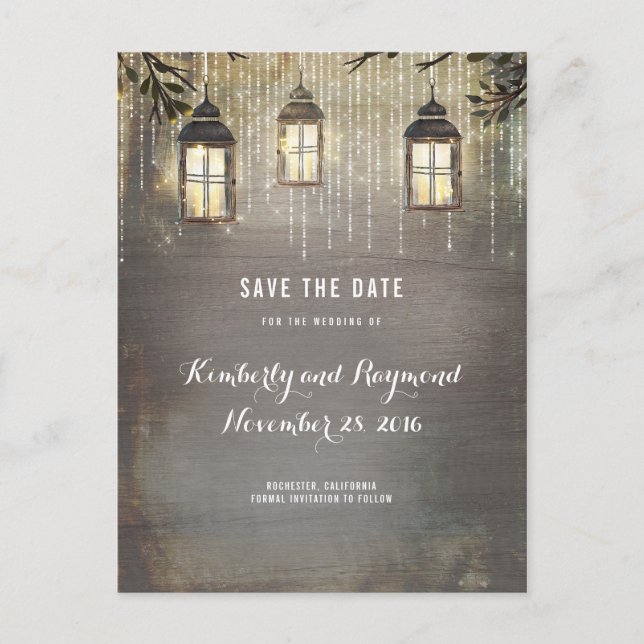 Rustic Lantern Lights Save the Date Announcement Postcard (Front)