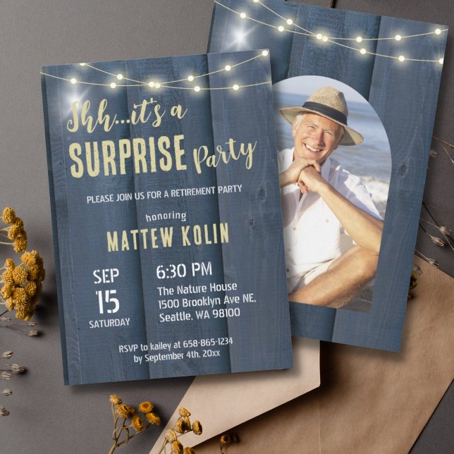 Rustic Lantern Photo Retirement Surprise Party Invitation (Creator Uploaded)