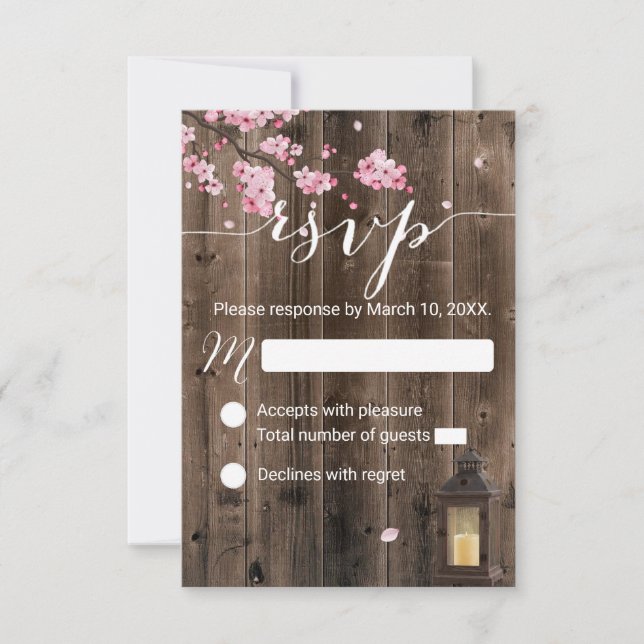 Rustic Lantern Pink Floral Wedding RSVP Card (Front)
