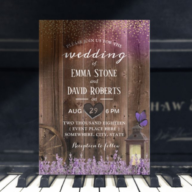 Rustic Lantern Purple Lavender Floral Barn Wedding Invitation (Creator Uploaded)