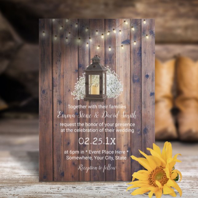 Rustic Lantern & String Lights Barn Wedding Invitation (Creator Uploaded)