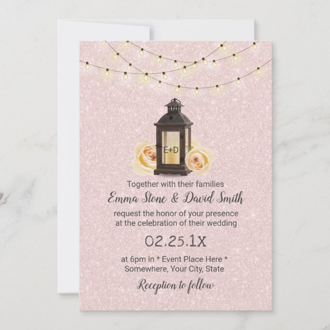 Rustic Lantern & String Lights Blush Pink Wedding Invitation (Front)