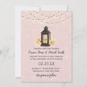 Rustic Lantern & String Lights Blush Pink Wedding Invitation