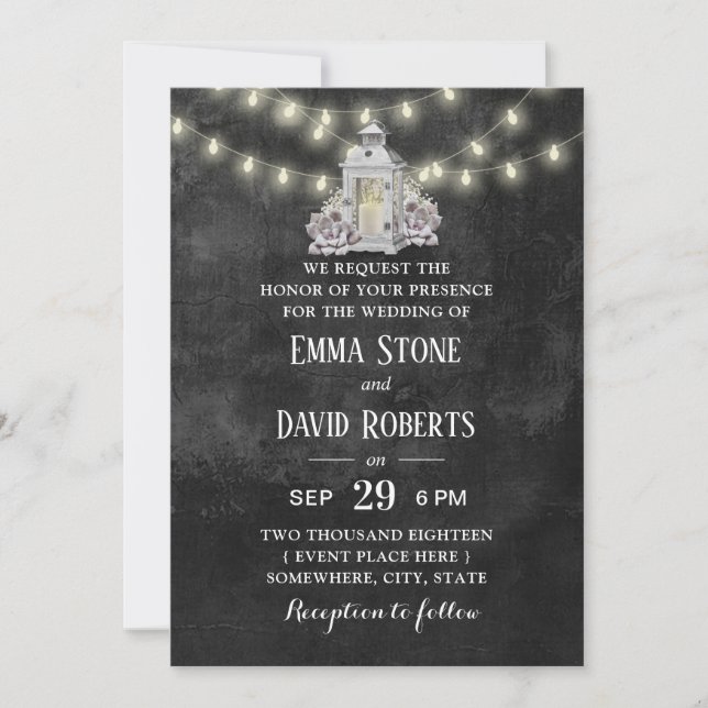 Rustic Lantern & String Lights Chalkbaord Wedding Invitation (Front)