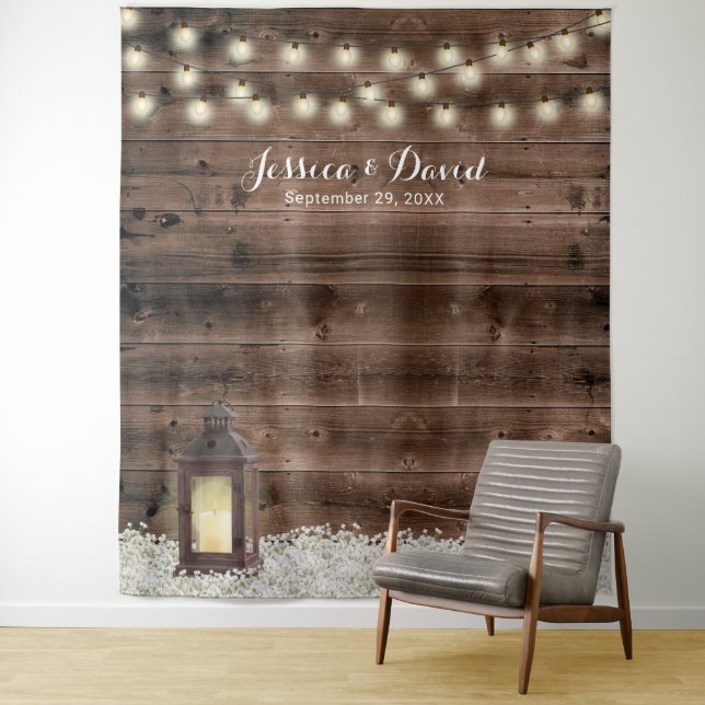 Rustic Lantern White Floral Barn Wedding Backdrops Tapestry (In Situ)