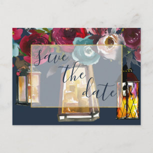 Rustic Lanterns Burgundy Navy Save the Date Announcement Postcard