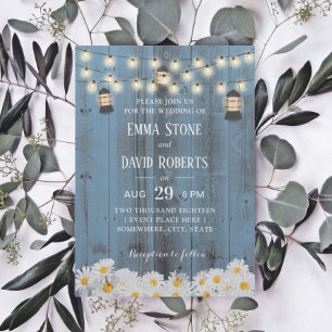 Rustic Lanterns & Daisy Flowers Dusty Blue Wedding Invitation