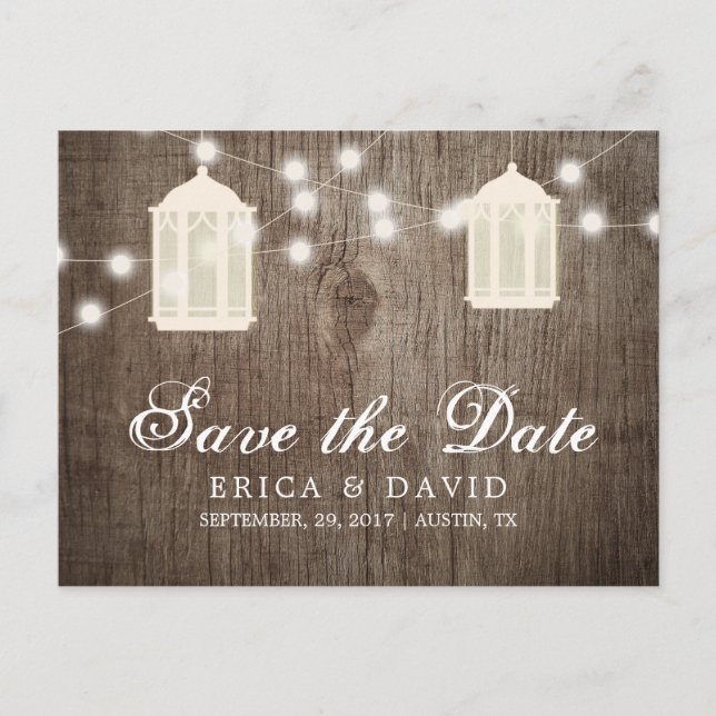 Rustic Lanterns & Lights Barn Wood Save the Date Announcement Postcard (Front)