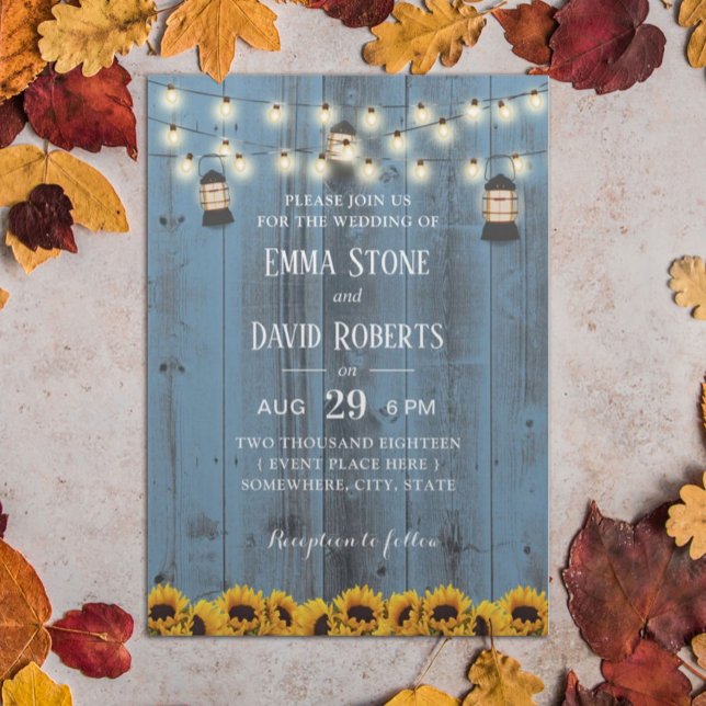 Rustic Lanterns & Sunflowers Dusty Blue Wedding Invitation (Creator Uploaded)