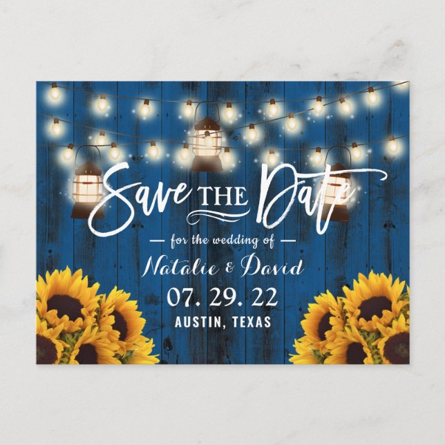 Rustic Lanterns & Sunflowers Navy Save the Date Announcement Postcard (Front)