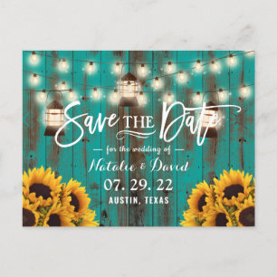 Rustic Lanterns & Sunflowers Teal Save the Date Announcement Postcard