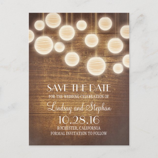 rustic lanterns wooden save the date postcards (Front)