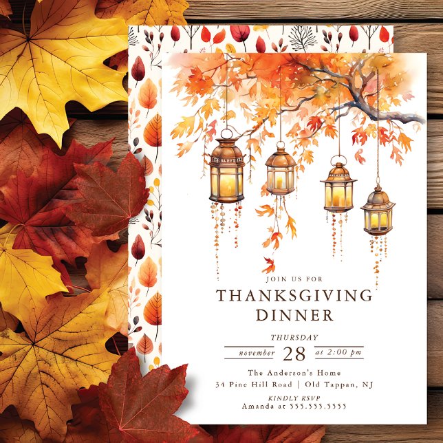 Rustic Lanters & Autumn Leaves Thanksgiving Invitation (Creator Uploaded)