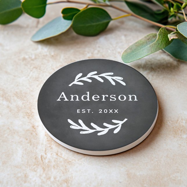 Rustic Laurel Branch Wreath Last Name Monogram Coaster (Creator Uploaded)