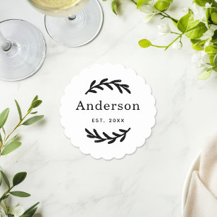 Rustic Laurel Branch Wreath Last Name Monogram Paper Coaster