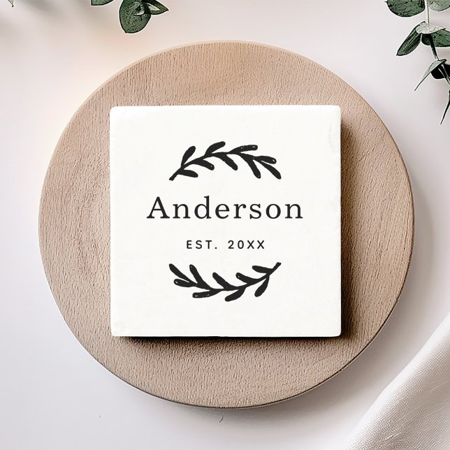 Rustic Laurel Branch Wreath Last Name Monogram Stone Coaster (Creator Uploaded)