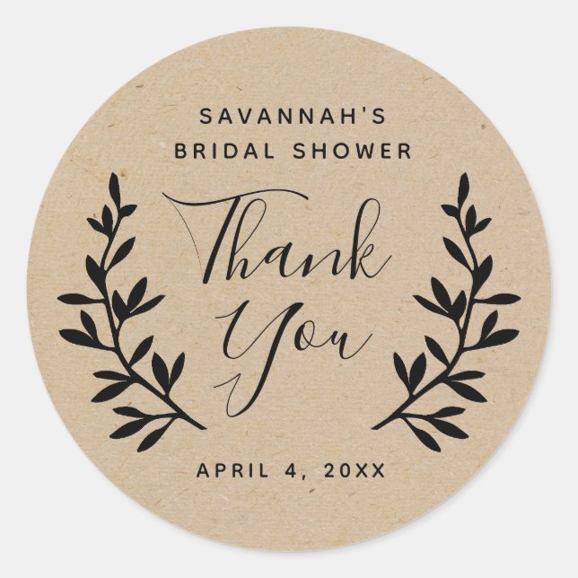 Rustic laurel Kraft bridal shower thank you Classic Round Sticker (Front)