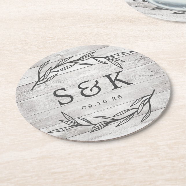 Rustic Laurel Leaf Monogram Wedding Round Paper Coaster (Angled)