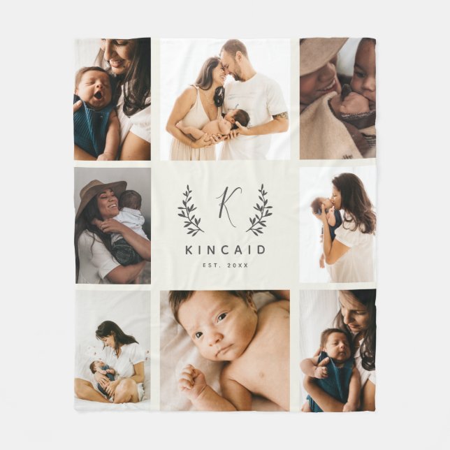 Rustic Laurel Monogram 8 Photo Collage Fleece Blanket (Front)