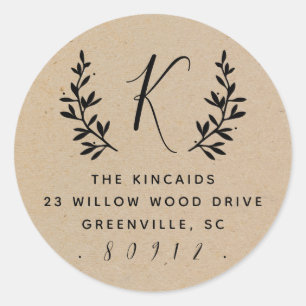 Rustic laurel script monogram return address classic round sticker