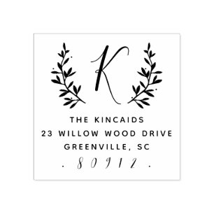 Rustic laurel script monogram return address rubber stamp