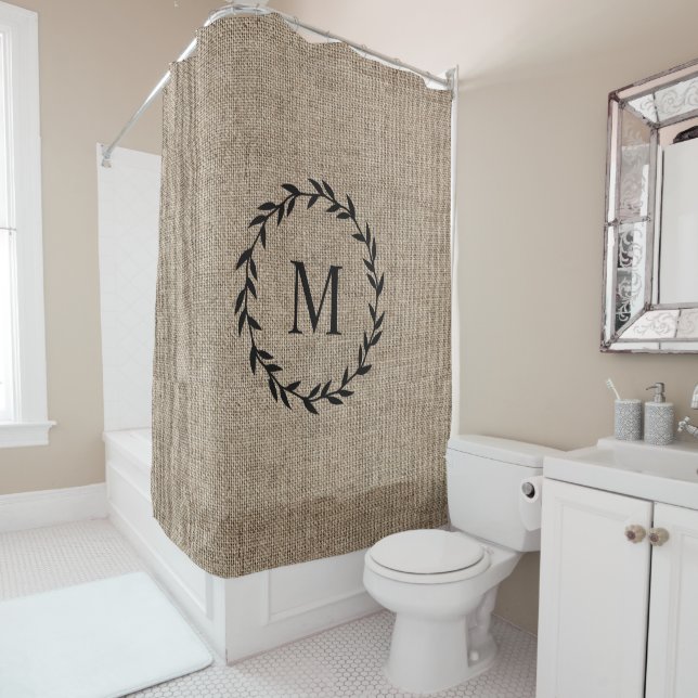 Rustic Laurel Wreath Farmhouse Style Burlap Shower Curtain (In Situ)