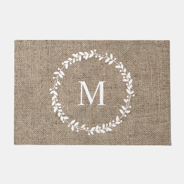 Rustic Laurel Wreath Farmhouse Style Monogrammed  Doormat (Front)