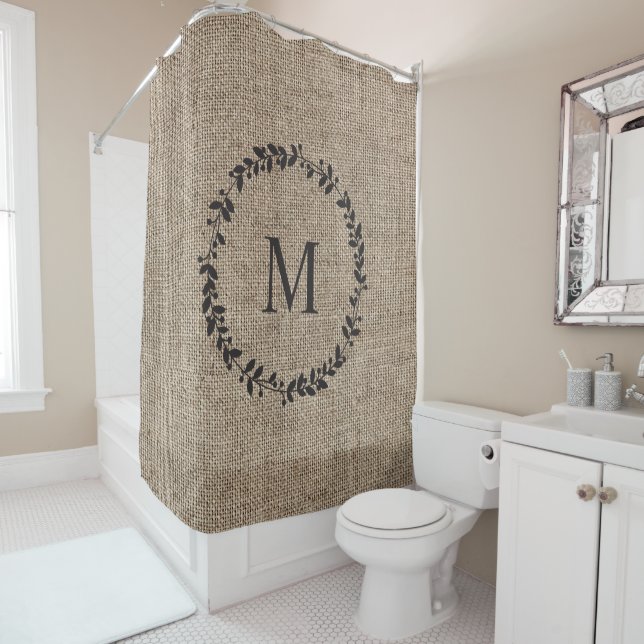 Rustic Laurel Wreath Farmhouse Style Monogrammed Shower Curtain (In Situ)