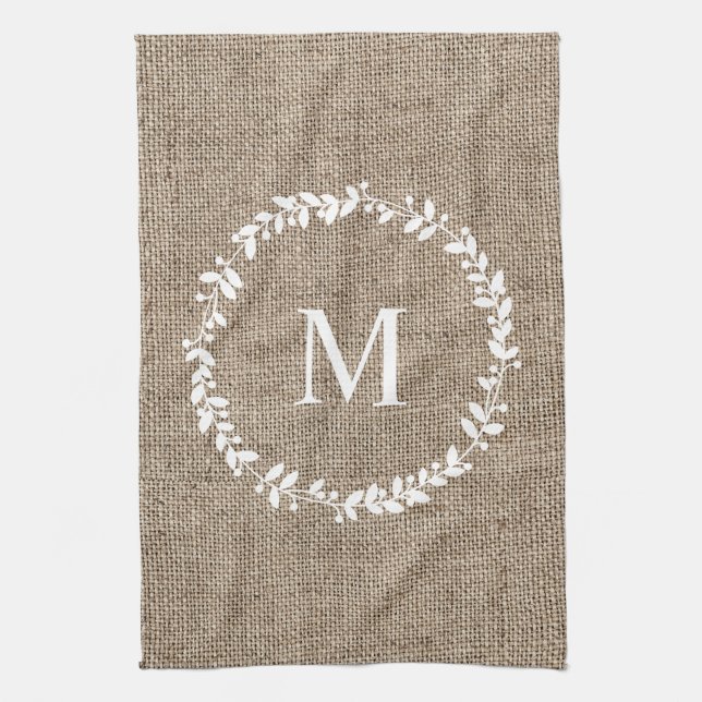 Rustic Laurel Wreath Farmhouse Style Monogrammed Tea Towel (Vertical)