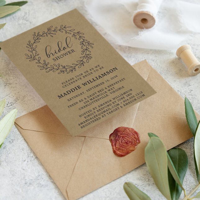 Rustic Laurel Wreath Kraft Bridal Shower Invitatio Postcard (Creator Uploaded)