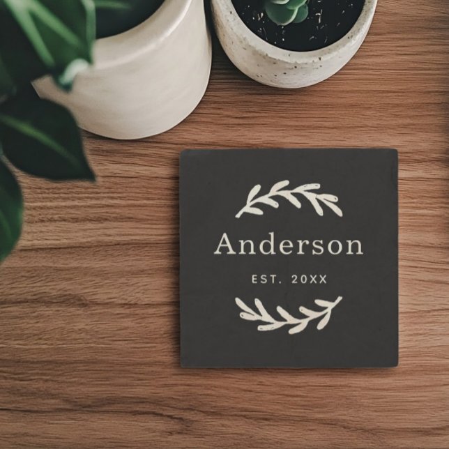 Rustic Laurel Wreath Monogram Est Date Stone Coaster (Creator Uploaded)