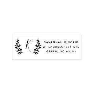 Rustic laurel wreath monogram return address rubber stamp