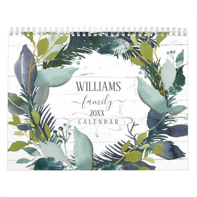 Rustic Laurel Wreath Watercolor Family Photo 2023 Calendar (Cover)