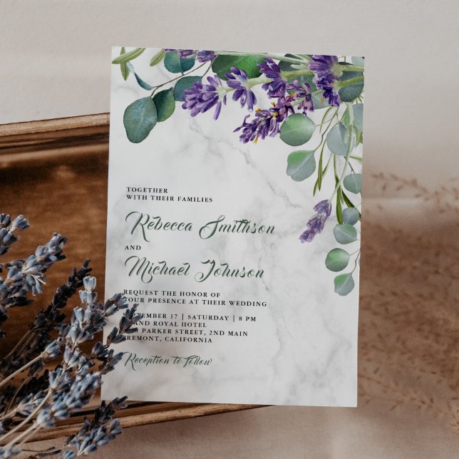 Rustic Lavender and Eucalyptus Marble Wedding Invitation (Creator Uploaded)