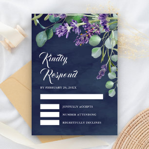Rustic Lavender and Eucalyptus Navy Blue Wedding RSVP Card