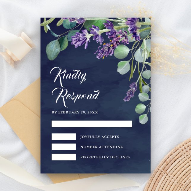 Rustic Lavender and Eucalyptus Navy Blue Wedding RSVP Card (Creator Uploaded)