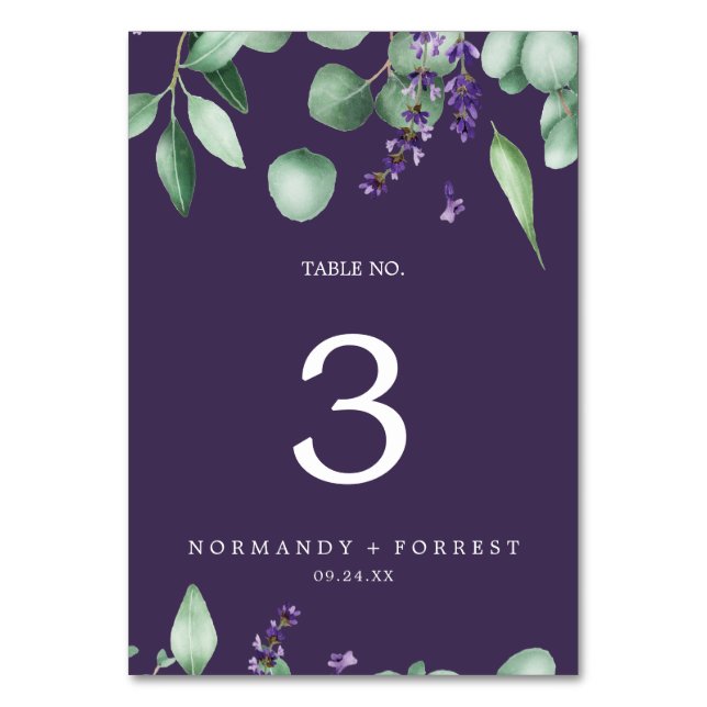 Rustic Lavender and Eucalyptus Purple Table Number (Front)