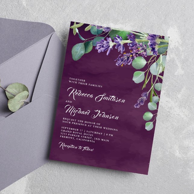 Rustic Lavender and Eucalyptus Purple Wedding Invitation (Creator Uploaded)
