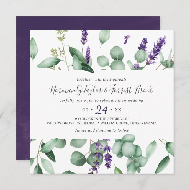 Rustic Lavender and Eucalyptus Square Wedding Invitation (Front/Back)
