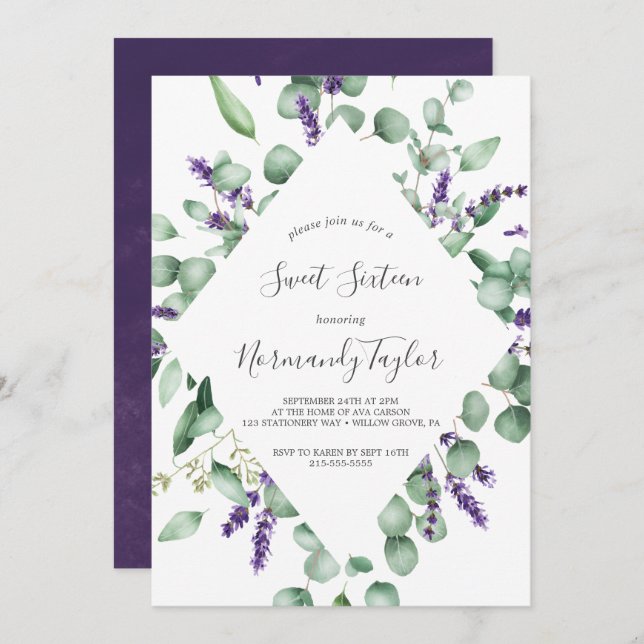 Rustic Lavender and Eucalyptus Sweet Sixteen Invitation (Front/Back)