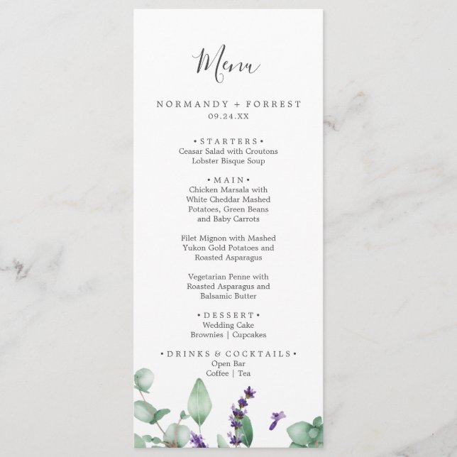 Rustic Lavender and Eucalyptus Wedding Dinner Menu (Front)