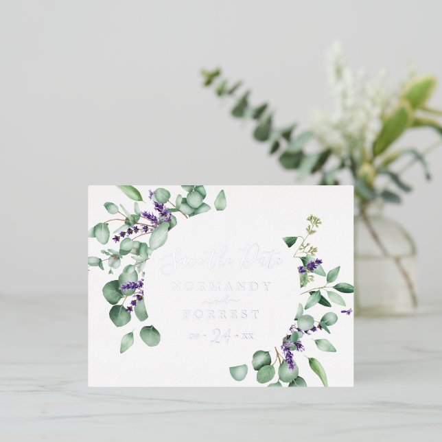 Rustic Lavender Circle | Silver Foil Save the Date Invitation Postcard (Standing Front)