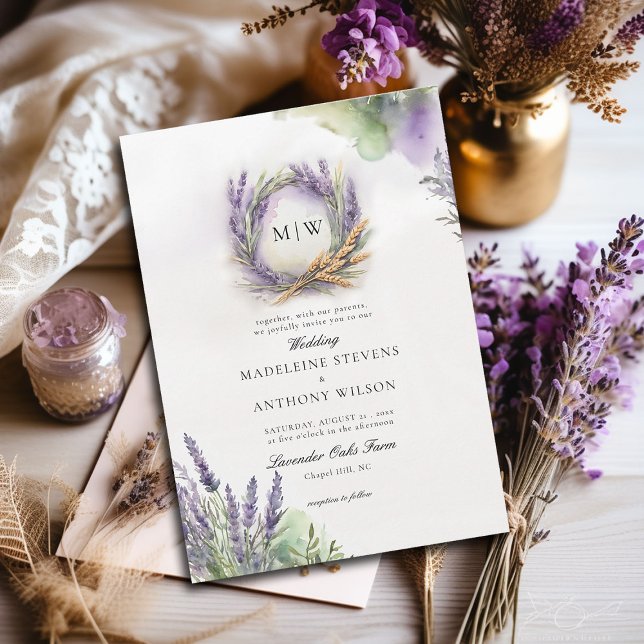 Rustic Lavender Elegant Wreath Monograms Wedding Invitation (lavender wedding invitation watercolor botanical wreath monograms elegant modern romantic)