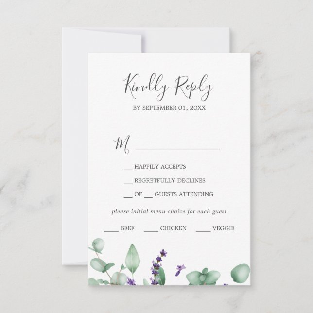 Rustic Lavender & Eucalyptus Menu Choice RSVP Card (Front)