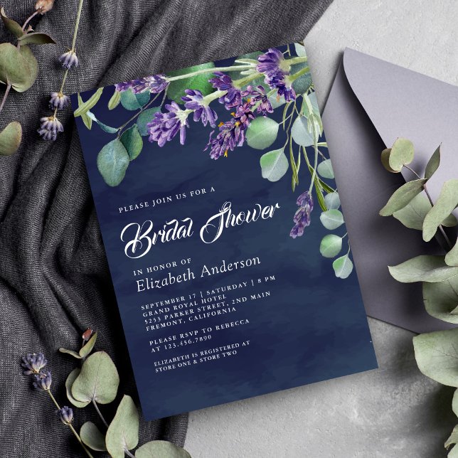 Rustic Lavender Eucalyptus Navy Blue Bridal Shower Invitation (Creator Uploaded)
