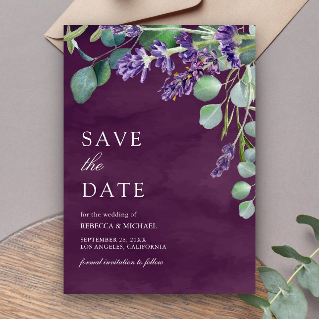 Rustic Lavender Eucalyptus Plum Purple Wedding Save The Date (Creator Uploaded)