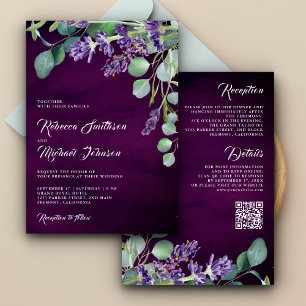 Rustic Lavender Eucalyptus QR Code Purple Wedding Invitation