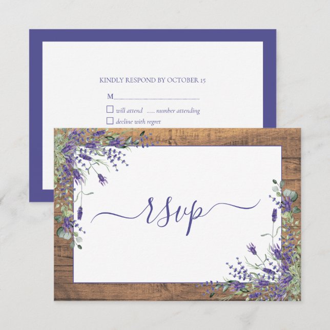 Rustic Lavender Eucalyptus Script Wood RSVP Card (Front/Back)
